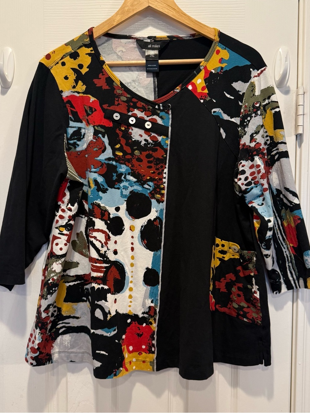 Ali Miles Shirt Women’s Size Large P Black Colorful Artsy Art To Wear 3/4 Sleeve